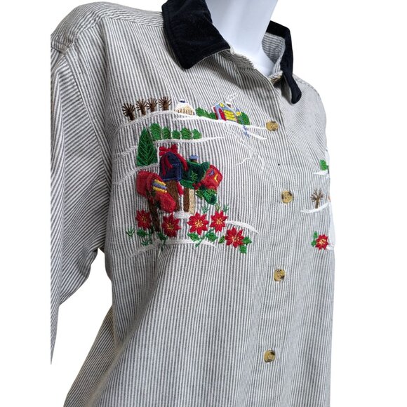 Vintage Casey & Max Christmas button front blouse striped velvet collar L - Picture 2 of 8